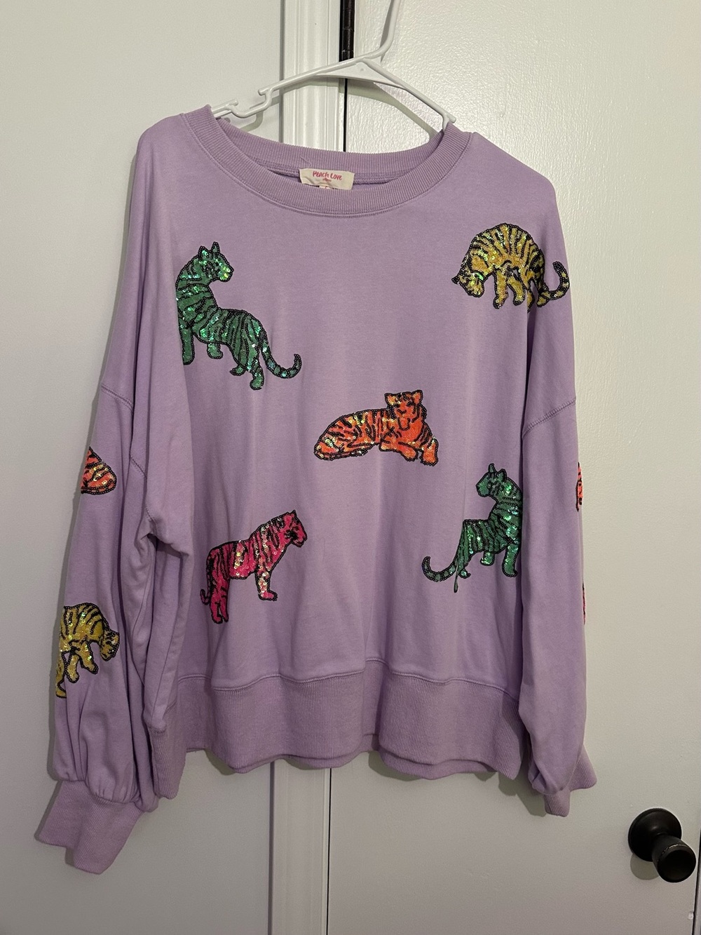 Peach Love California Lilac Sweatshirt with Multicolor Sequin Tigers
